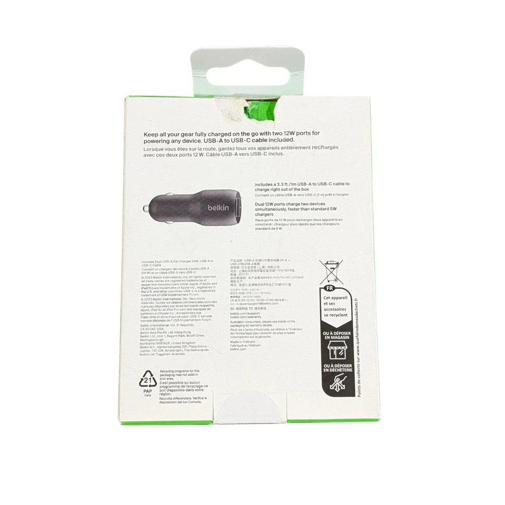 Cc8O Belkin USB-A Dual Car Charger 24W w/‎ USB-C Cable - Black